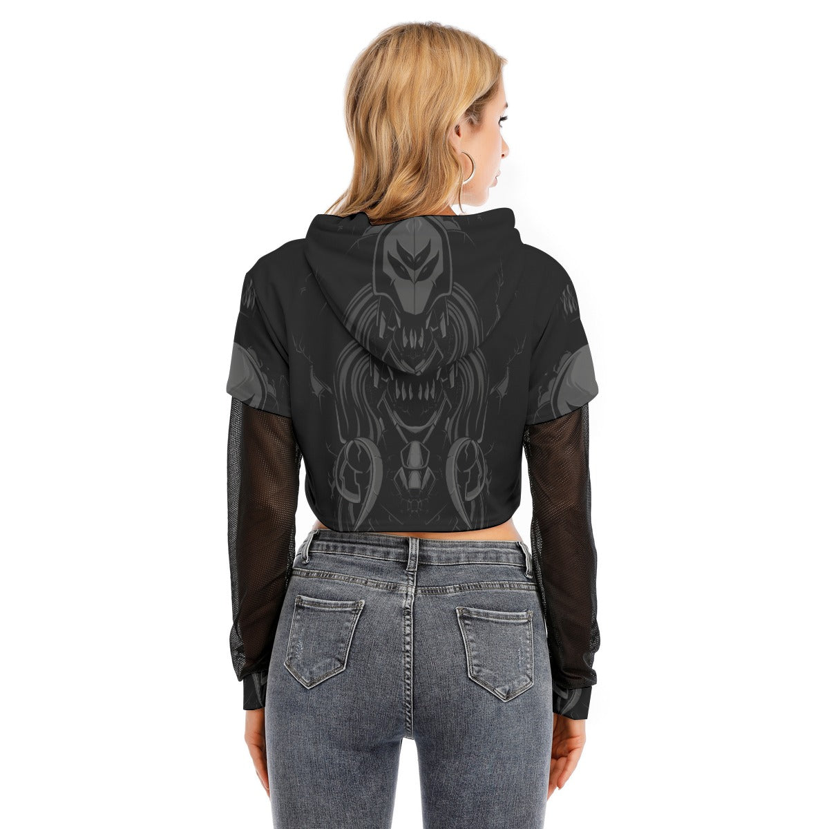 All-Over Print Women's Fake Two-piece Mesh Sleeve Cropped Hoodie