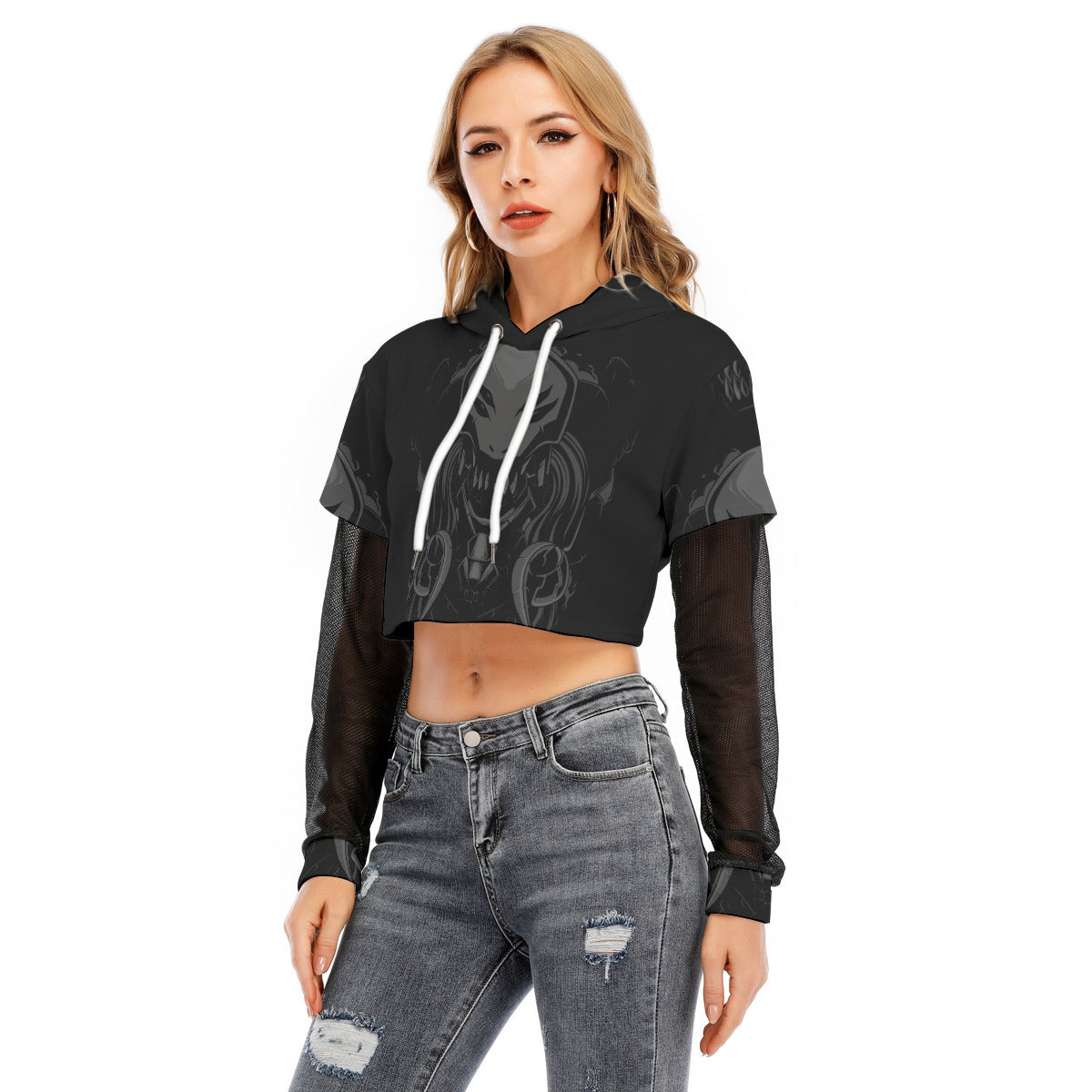 All-Over Print Women's Fake Two-piece Mesh Sleeve Cropped Hoodie