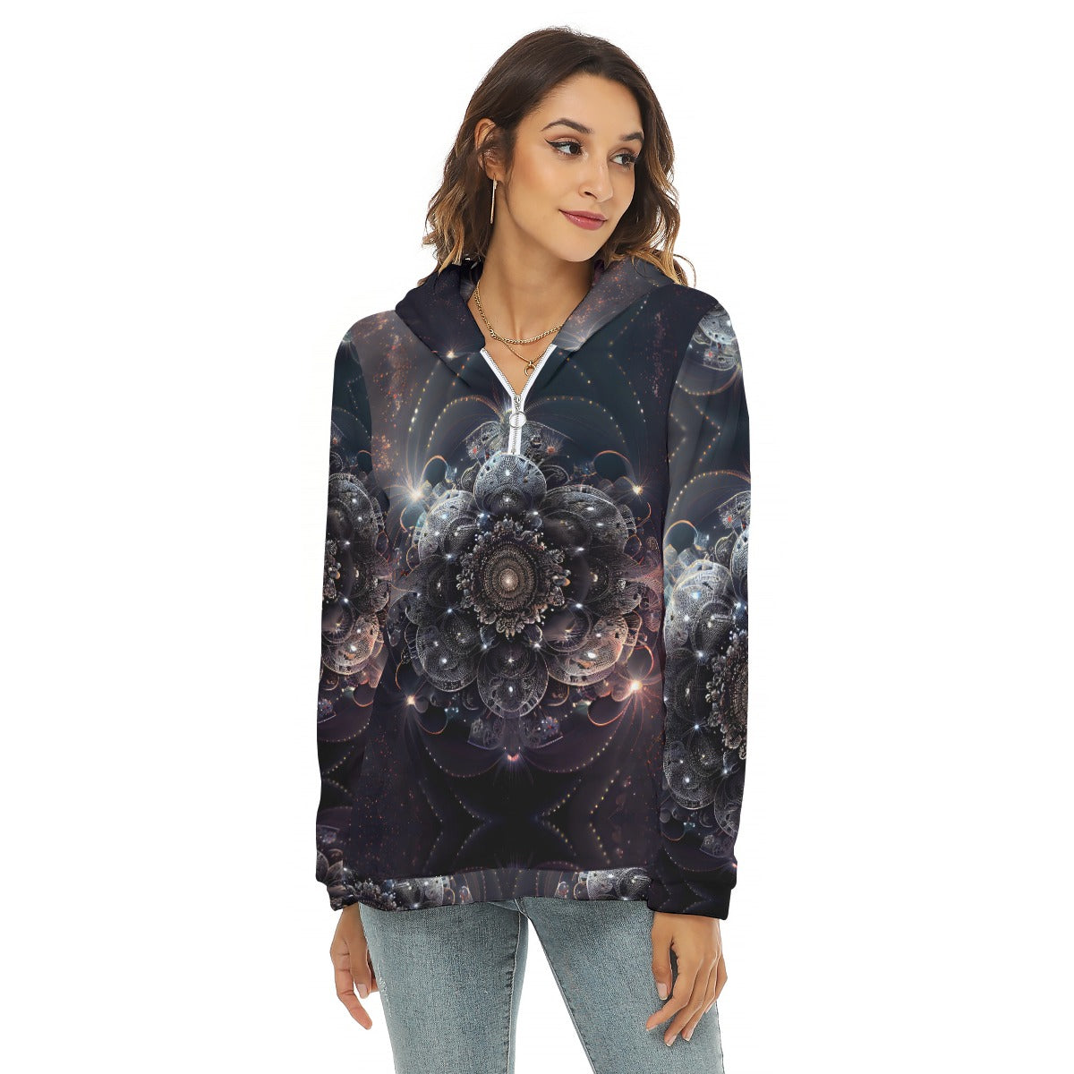 All-Over Print Women's Borg Fleece Hoodie With Half Zip