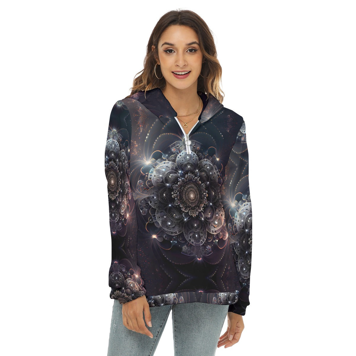 All-Over Print Women's Borg Fleece Hoodie With Half Zip