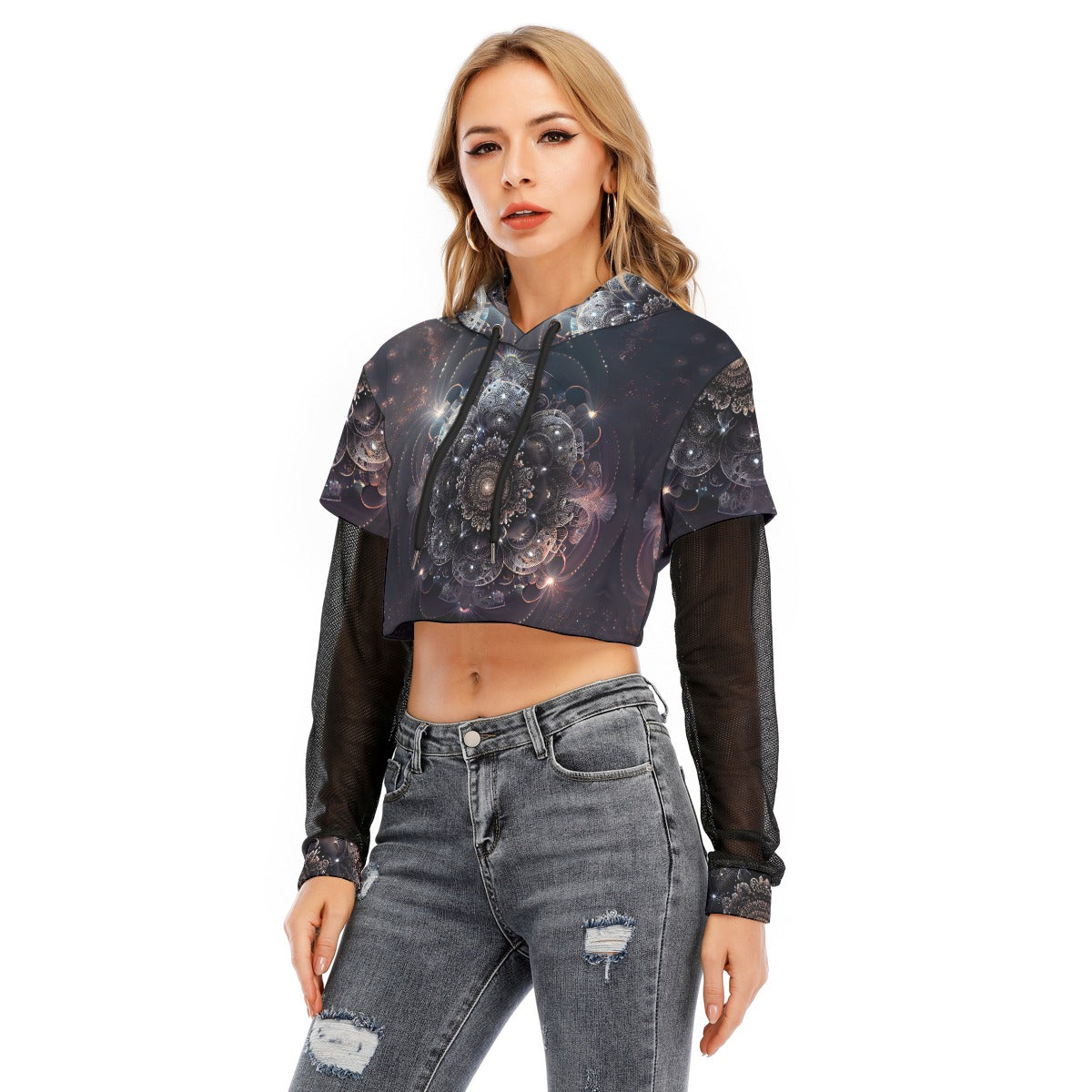 All-Over Print Women's Fake Two-piece Mesh Sleeve Cropped Hoodie