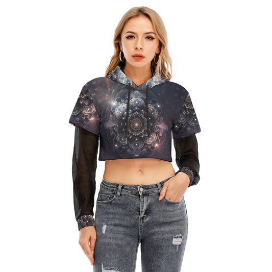 All-Over Print Women's Fake Two-piece Mesh Sleeve Cropped Hoodie